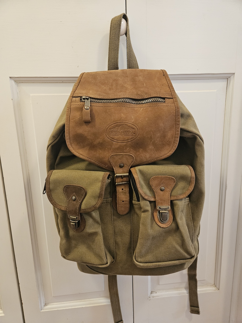 Vintage High Sierra Leather & Canvas Rucksack Backpack - Olive/Brown